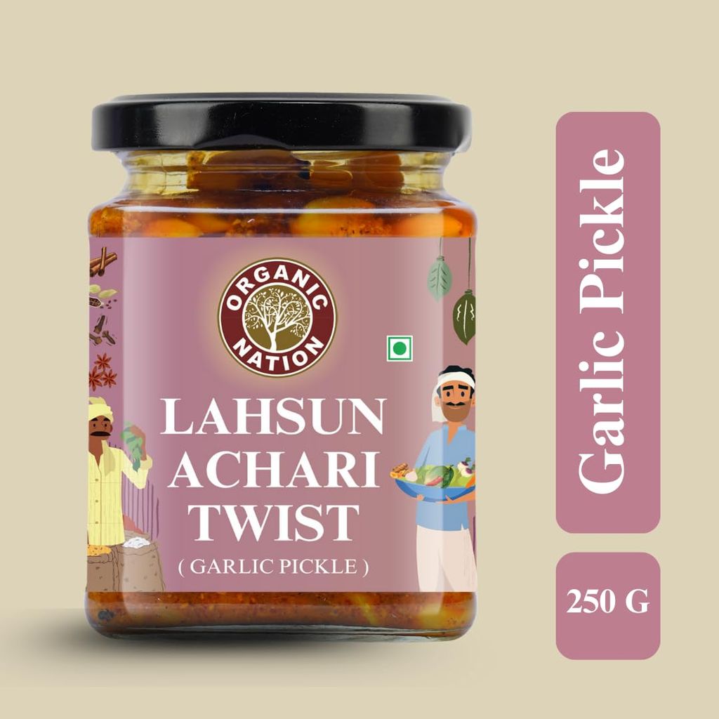 Organic Nation Garlic Pickle - Lahsun Achari Twist | Homestyle Indian Pickle | Authentic Traditional Taste | No Preservatives | 250g view 2