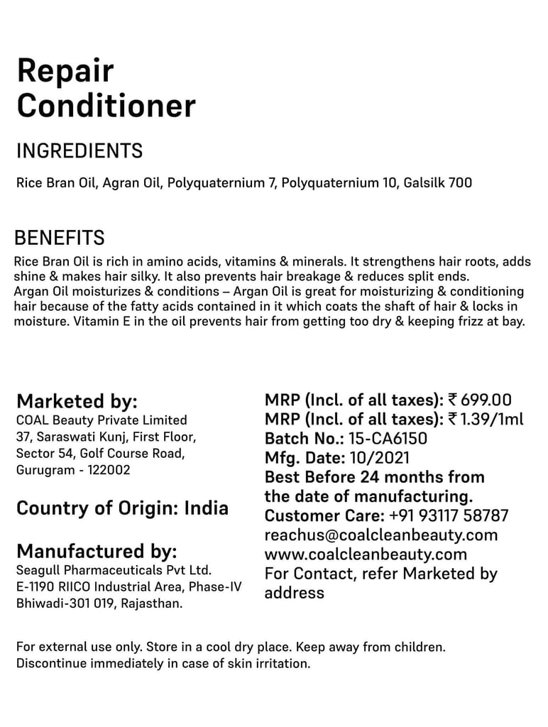COAL Clean Beauty Repair Conditioner with Argan Oil & Vitamin B5| Detangles, Controls Frizz & Repairs Damaged Hair | Men & Women | All Hair Types | 500ml view 2