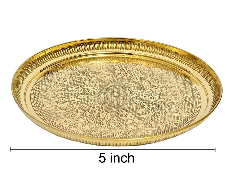 Pure Brass Puja thali Plate with Peacock Embossed Design Best for Home Office Pooja Purpose Handicraft. (pack of 2) (13 cm) view 2