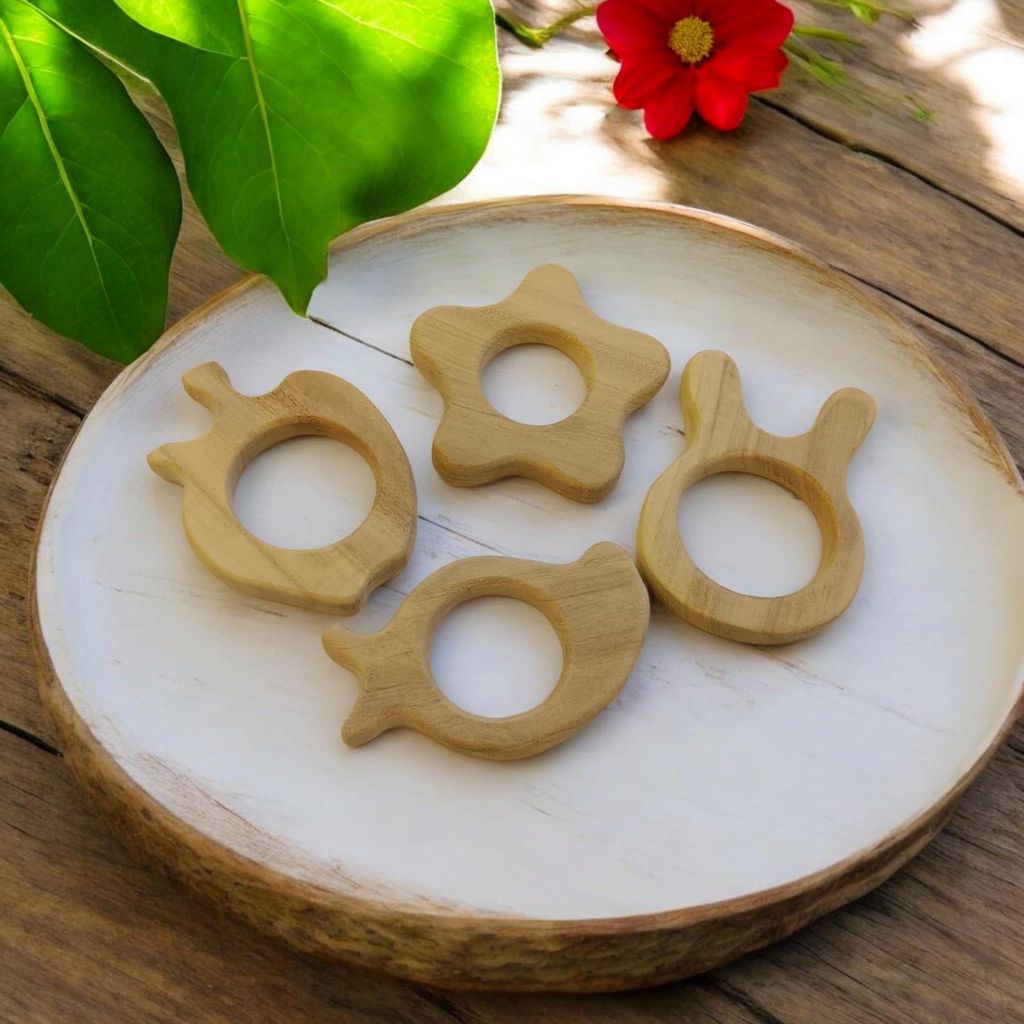 Neemtoys Pure Neem Wooden Teethers for Babies of Age 0 to 3 Years, Apple, Mango, Flower & Bunny Shapes Teether, Teething Toy for Babies with Multiple Textured Surface (Brown) view 2