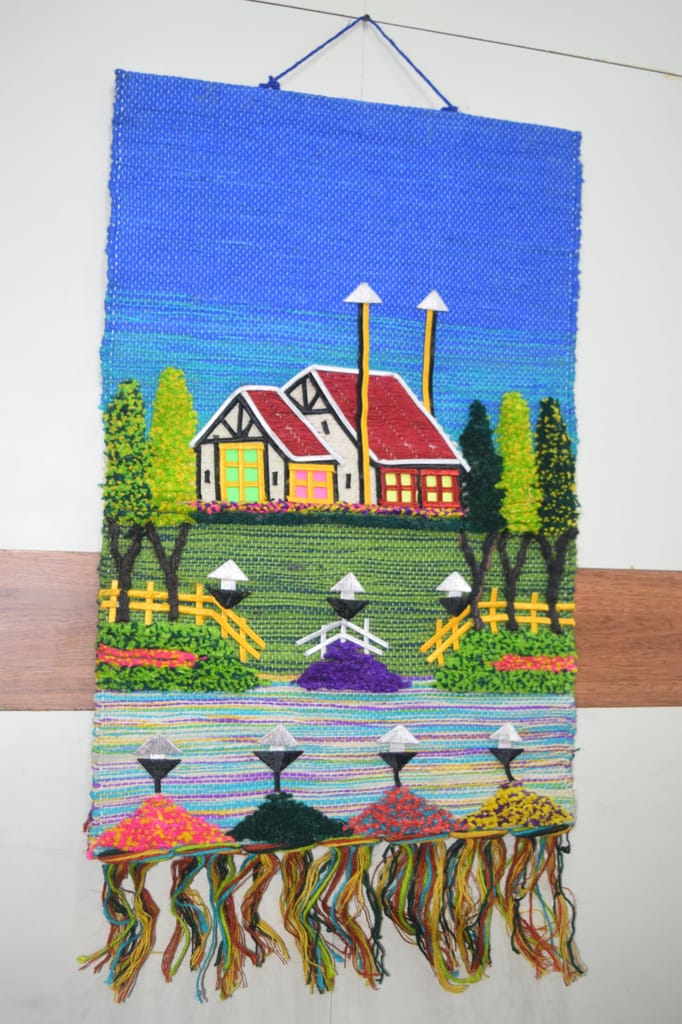 Handwoven Decorative Wall Tapestry, Countryside Village Scene with Houses, Trees, Colorful Landscape, Textile Art, Blue view 2