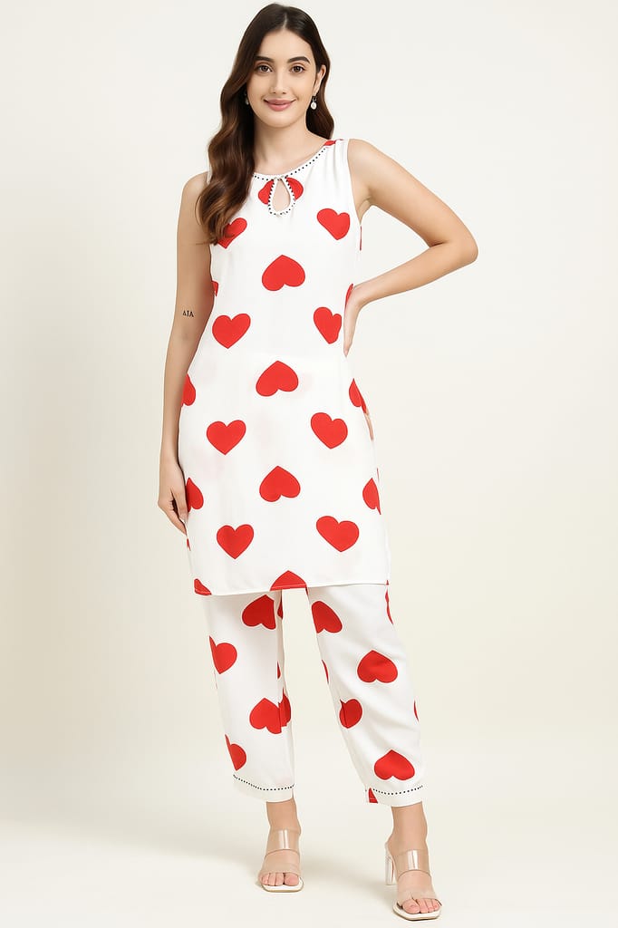 White & Red Heart Print Co-ord Set for Women – Sleeveless Kurta with Pants