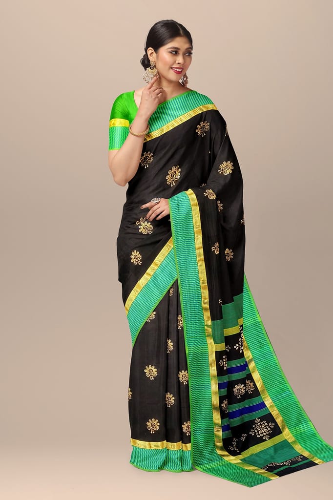Black Peacock Motif Handwoven Hand Block Print Sausar Silk Saree SKU-AS10079 view 2