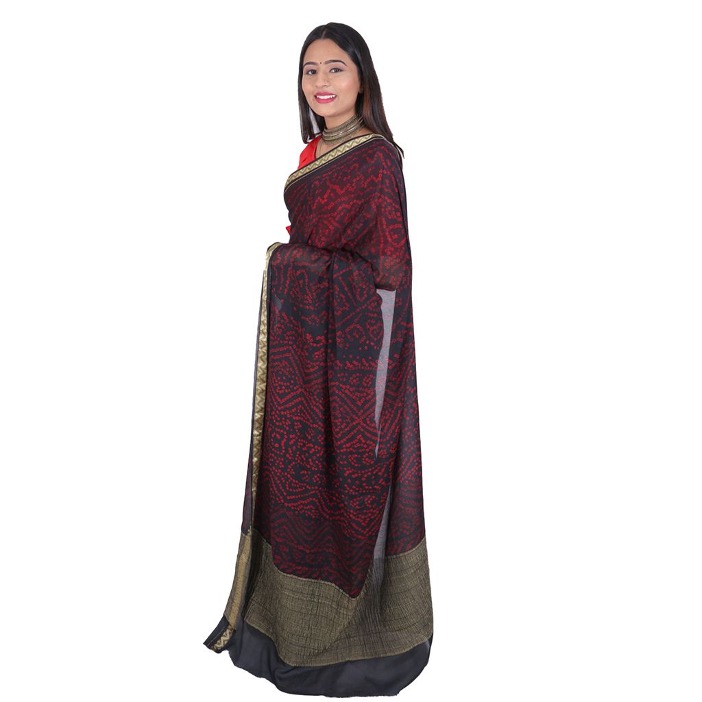 Tribes India Handwoven Black and Red Bandhej Saree view 2