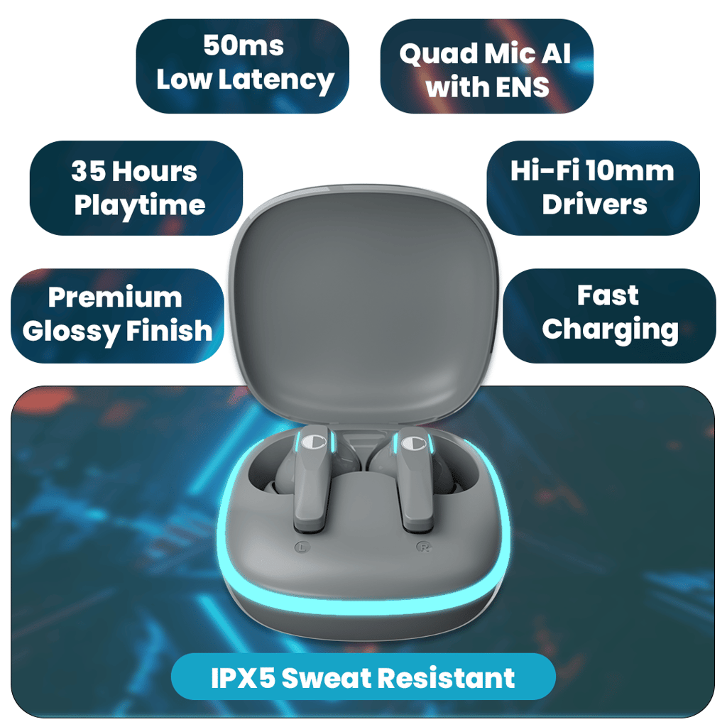 Cellecor BroPods C103 PLAY Quad Mic TWS |35H Playtime, ENC, 5.3v, 50ms Low Latency Gaming Bluetooth-Grey view 2