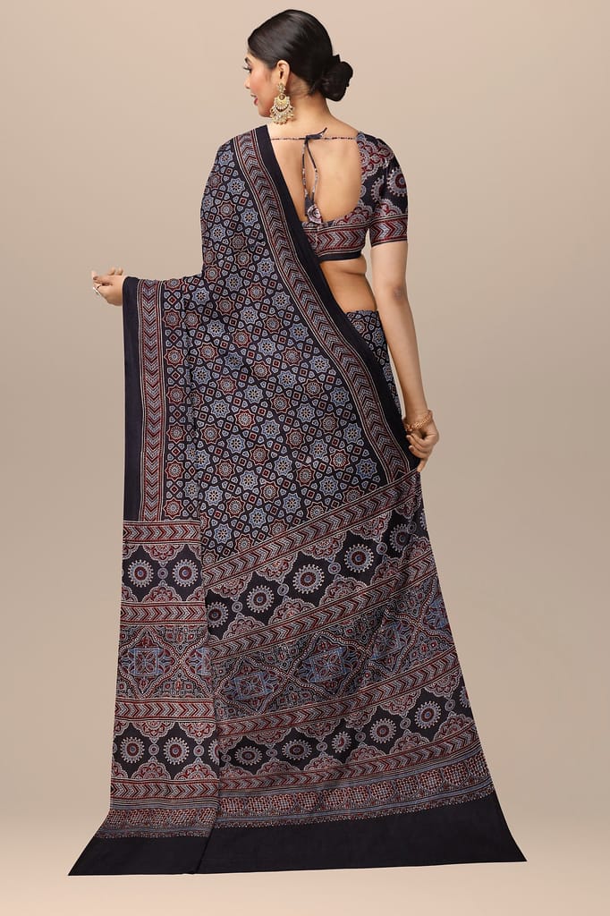 Black Geometrical Pattern Hand Block Print Ajrakh Cotton Saree SKU-BS10081 view 2
