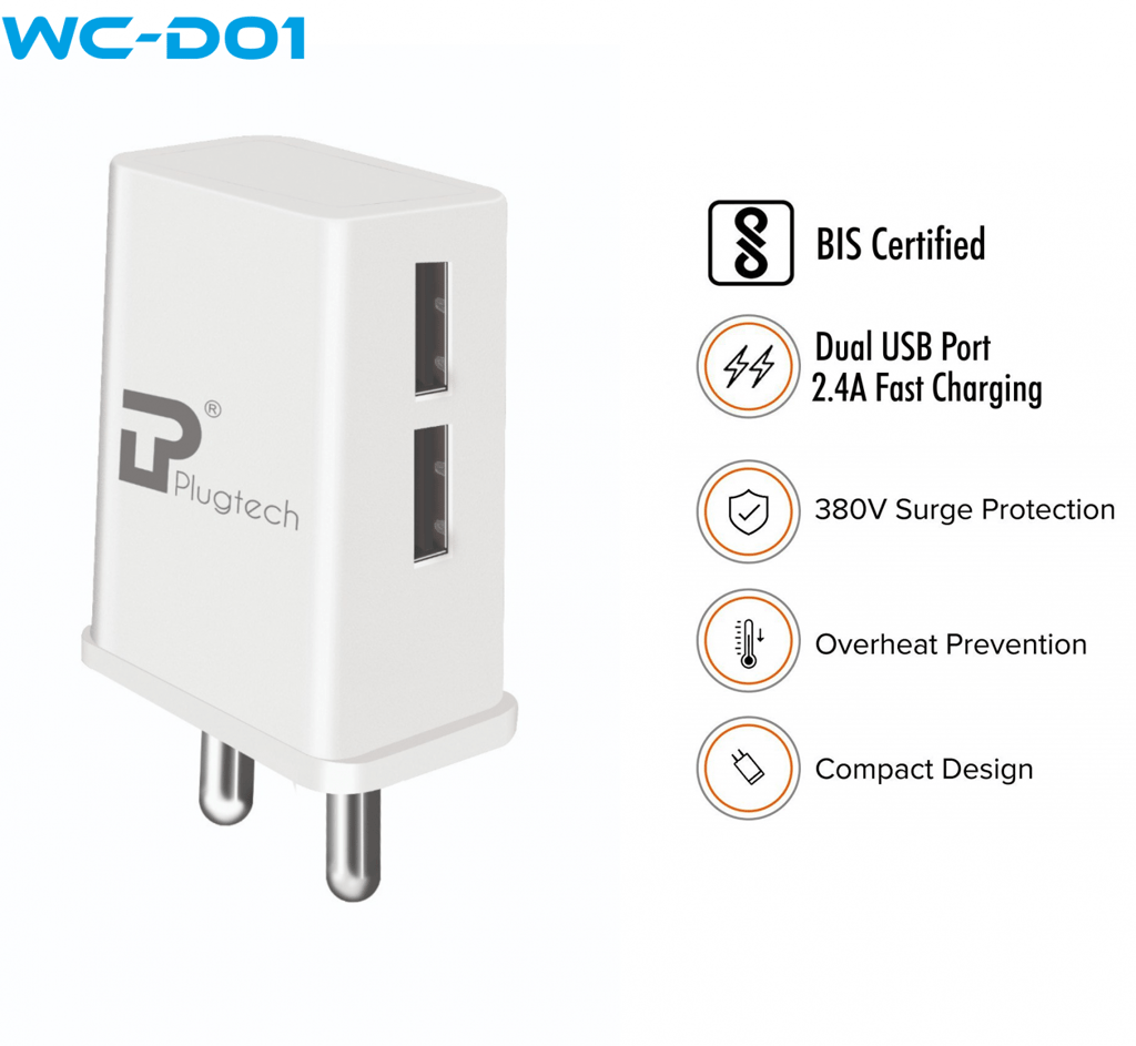 Plugtech 2.4A Dual Port USB Charger With Cable (White) view 2