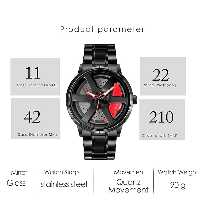 Men's Car Wheel Watch with Spinning Car Rim Hub Design|| Analog Stainless Steel || Quartz Movement|| Water Resistant, Scratch Resistant view 2