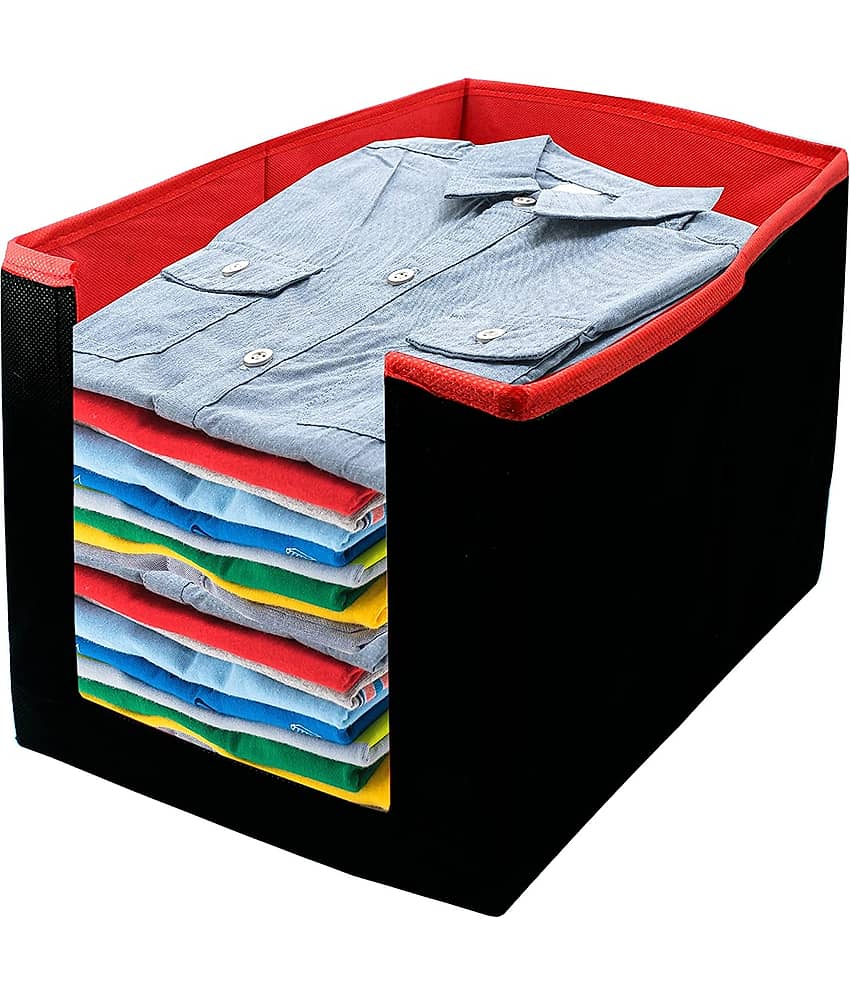 SH. NASIMA Foldable Non Woven Shirt Stacker Wardrobe Organizer With Side Handle (Pack of 3 Black Red) view 2