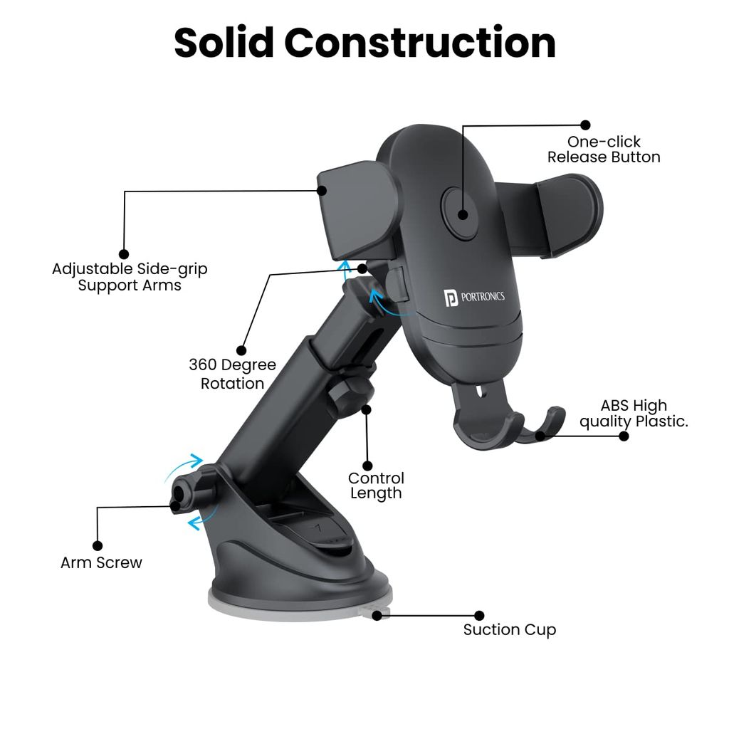 Portronics Clamp M2 Adjustable Car Mobile Phone Holder Stand for Dashboard & Windshield, 360° Rotational, Strong Suction Cup, Compatible with 4 to 6 inch Devices(Black) view 2