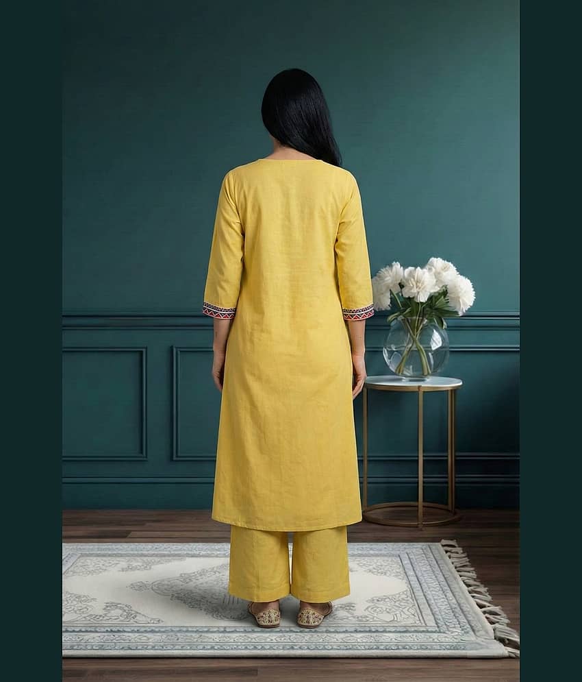 DSK STUDIO Women Cotton Blend Embroidered Flared Kurti With Pants ( Yellow ) view 2