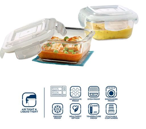 Borosil Blue Glass Lunchbox, Square x 2 (Tall) view 2