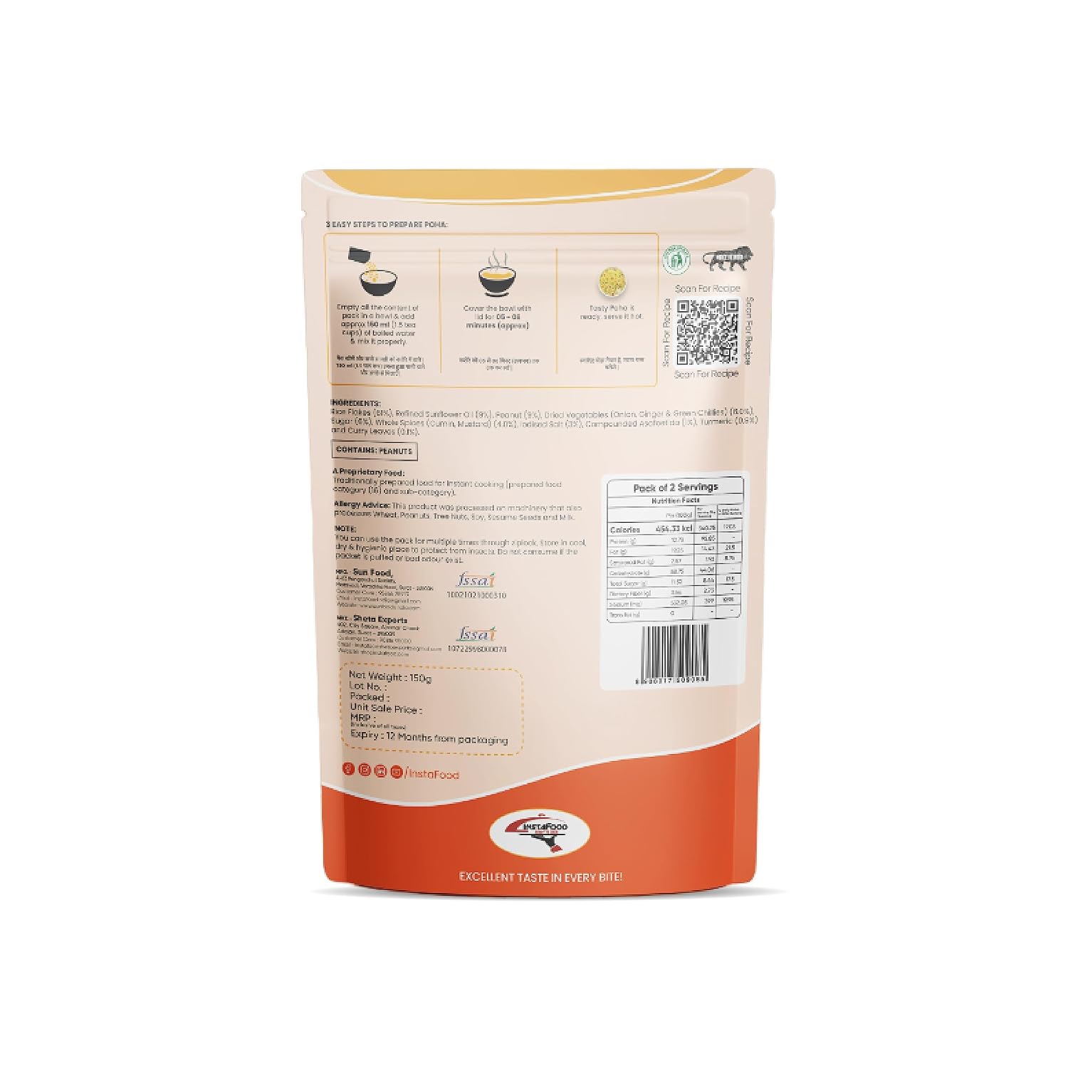 INSTAFOOD Breakfast Poha | Ready to Eat & Cook Meal | 2-3 Servings | After Cooking Gets 300 gm to Serve | Zip Lock Packaging | Vegetarian Meal | Just Add Water and Cook, 150 gm view 2