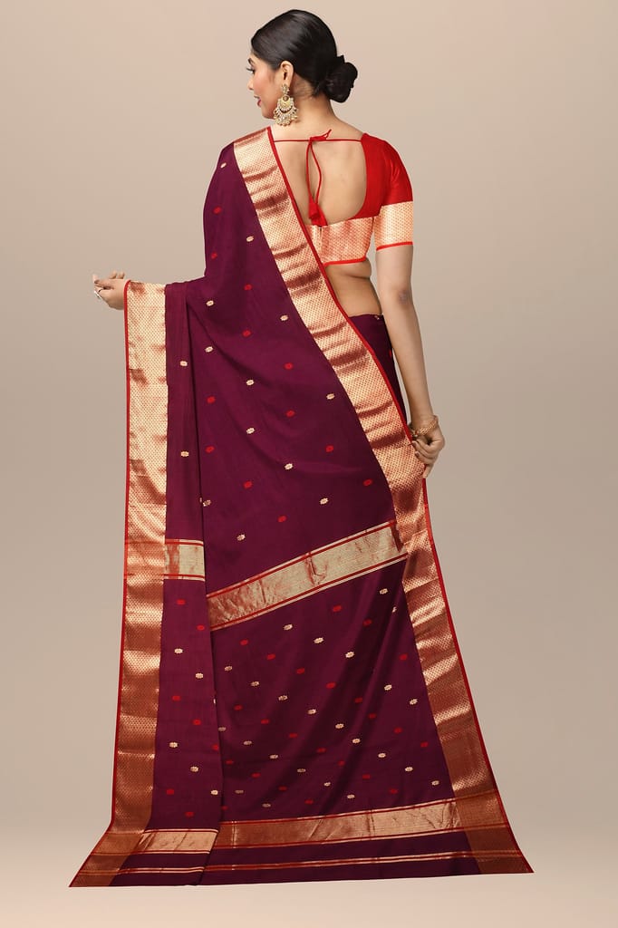 Maroon Rui Buti Handwoven Sausar Silk with Zari Border Saree SKU-BS10045 view 2
