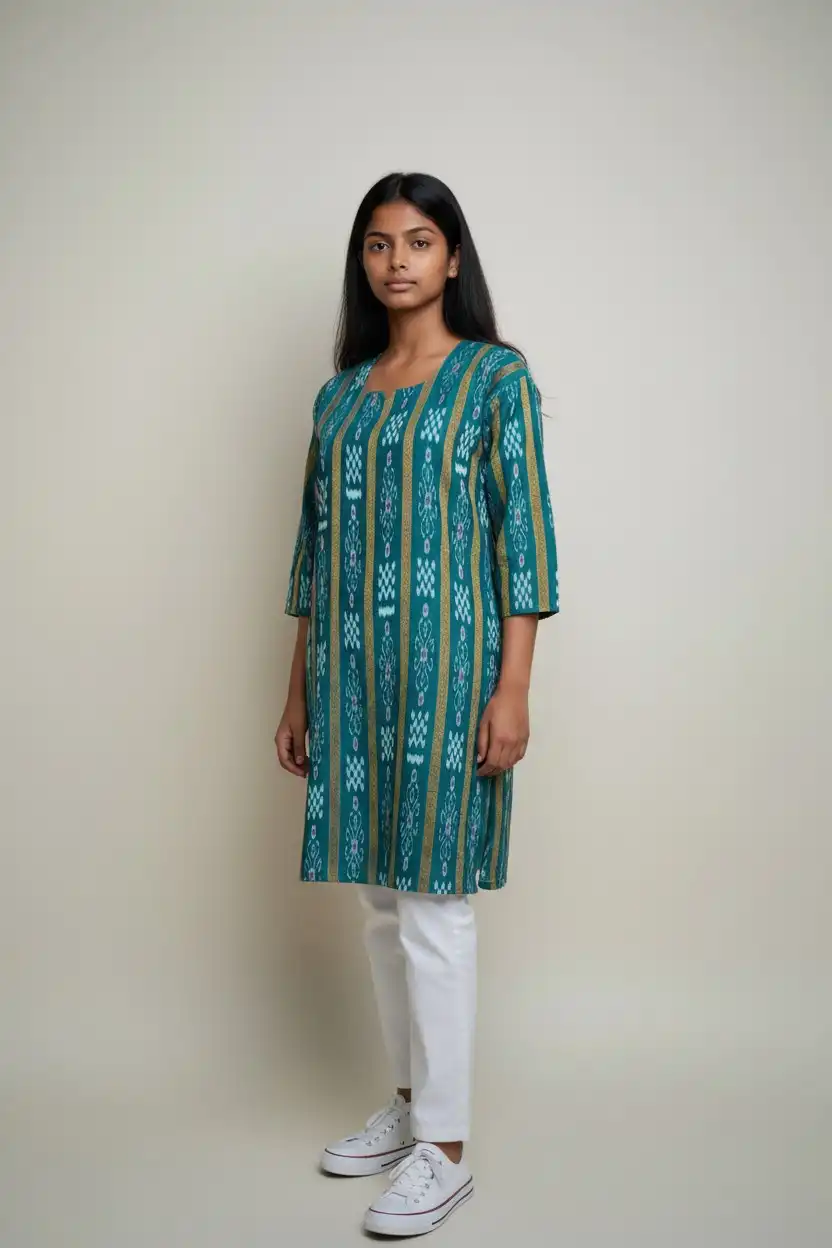 Sambalpuri Bandhakala Handloom Cotton Kurti in Blue