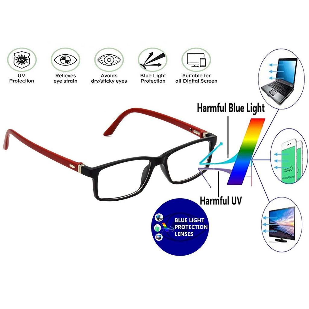 Hrinkar Eye Protection Zero Power Glass for Computer with Blue Cut for Men & Women | Black and Red | HBCT-FRM-BK-RD-17