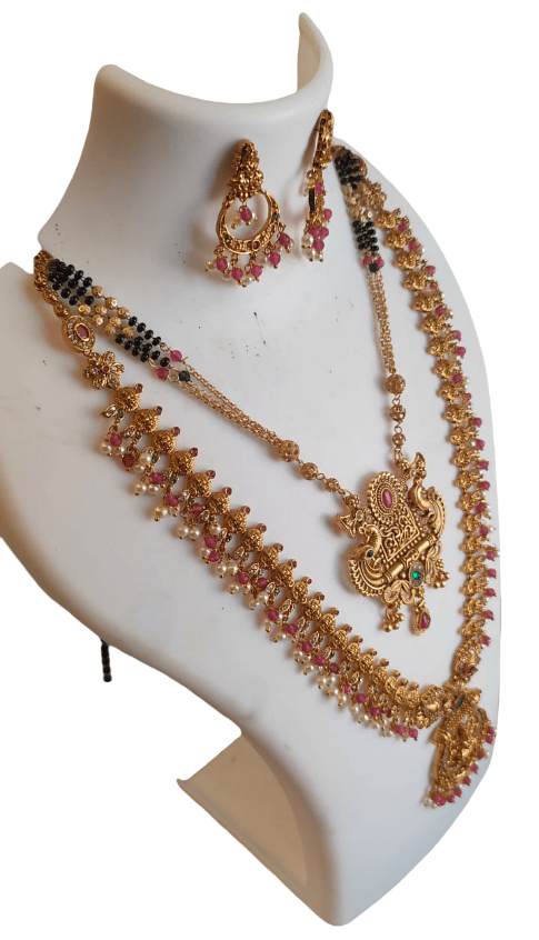 Gold Plated Peacock Design Jewellery Set with long and short necklaces and Earrings view 2