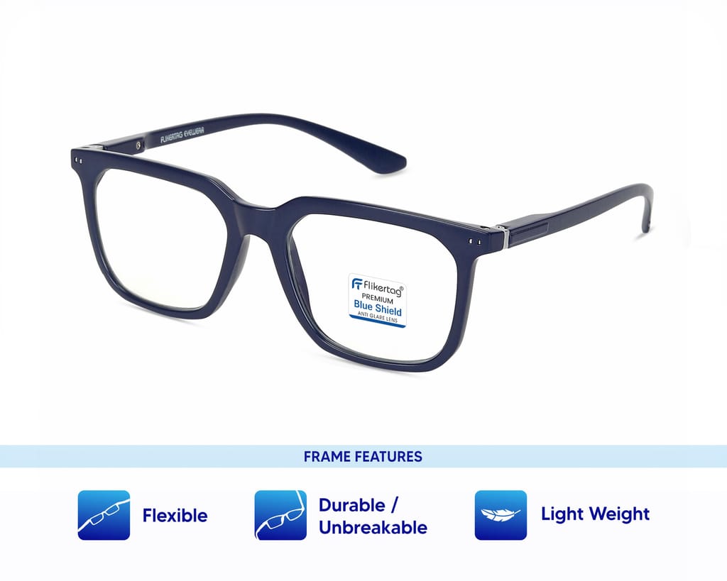Flikertag Blue Cut Computer Glasses for Eye Protection | Zero Power Blue Light Filter Glasses With UV Protection | Anti Glare Specs for Men & Women [FTF208 F1 Square Matte Navy Blue Frame, 52mm] view 2