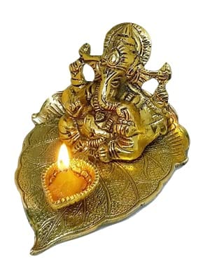 Patwari Arts Metal Ganesh Ji On Leaf with Diya Religious Idol of Lord Ganesha, Metal Hand Craved for Home Decorative Gift. view 2