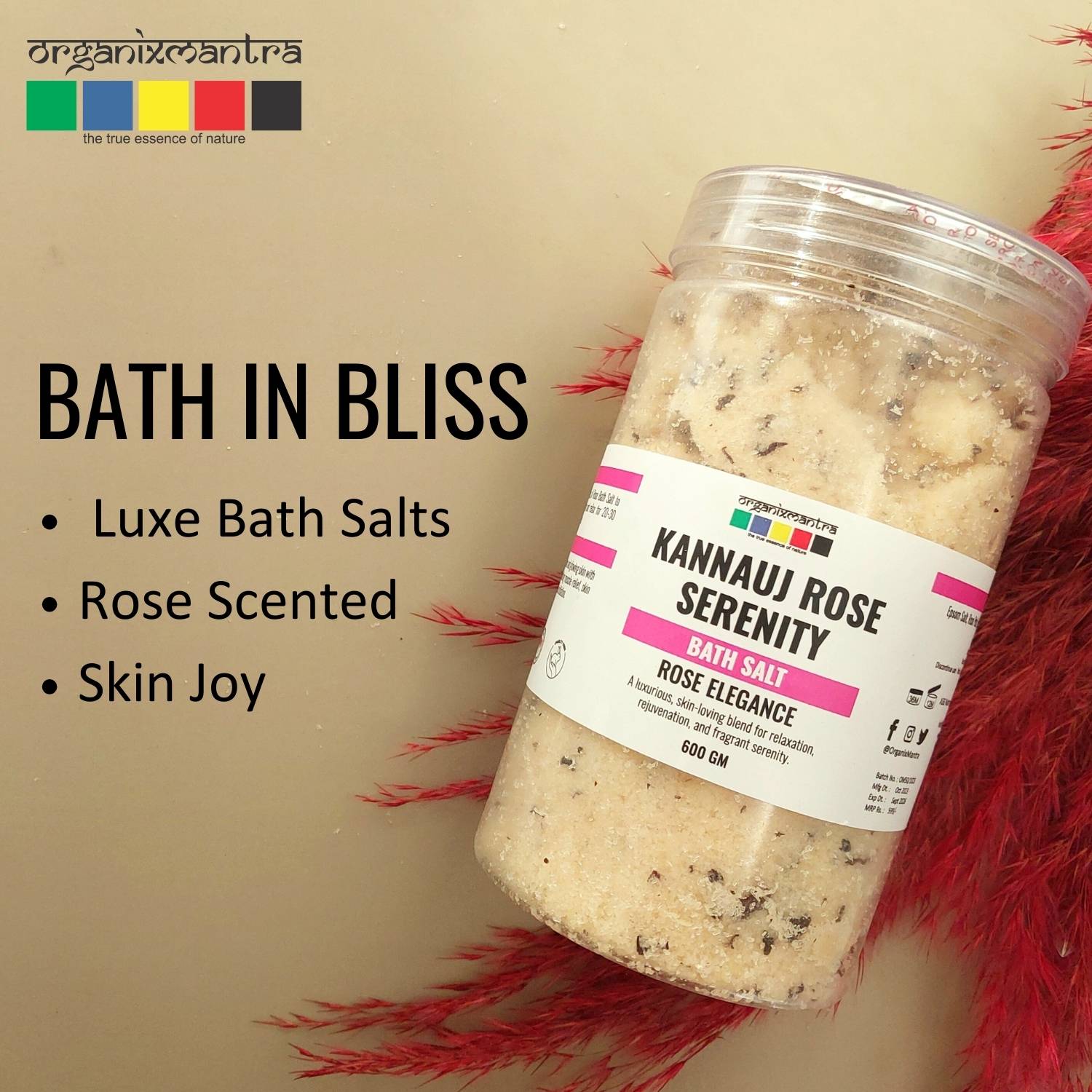 Organix Mantra Kannauj Rose Serenity Bath Salt - Soothing Epsom Blend with Natural Rose Petals and Rose Oil for Relaxing Spa Experience| Hydrating Skin Soak - 600G view 2