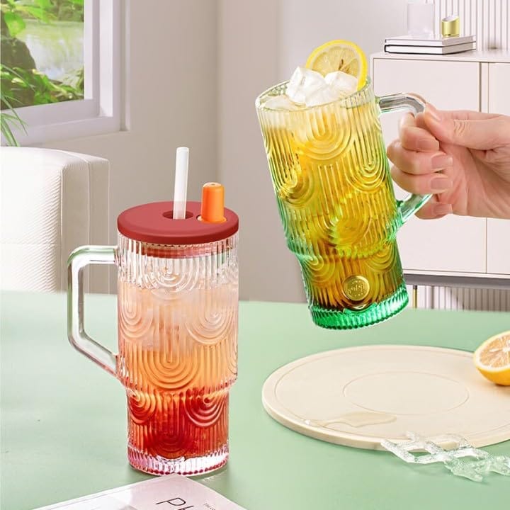 Glass Sipper with Lid and Straw | 650 ML | Unique and Morden Design Leakproof Tumbler with colorful textured body and handle |Travel Mug for Juise, Smoothies Cold and Hot Drinking Cups | set of 1 view 2