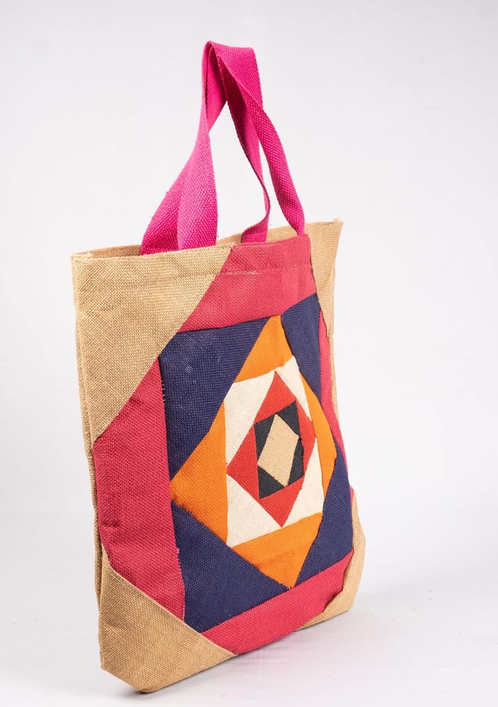 Handmade Patchwork Jute Tote Bag with Pink Handles view 2