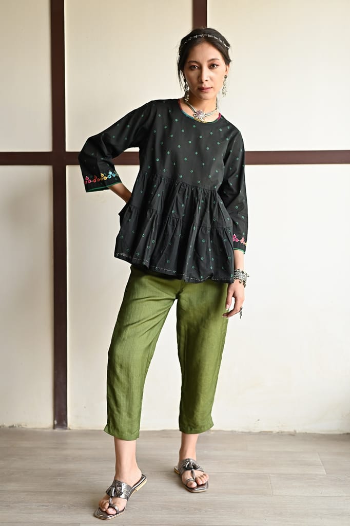 Kaanch Three-Quarter Sleeve Bandhej And Embroidered Black Top view 2