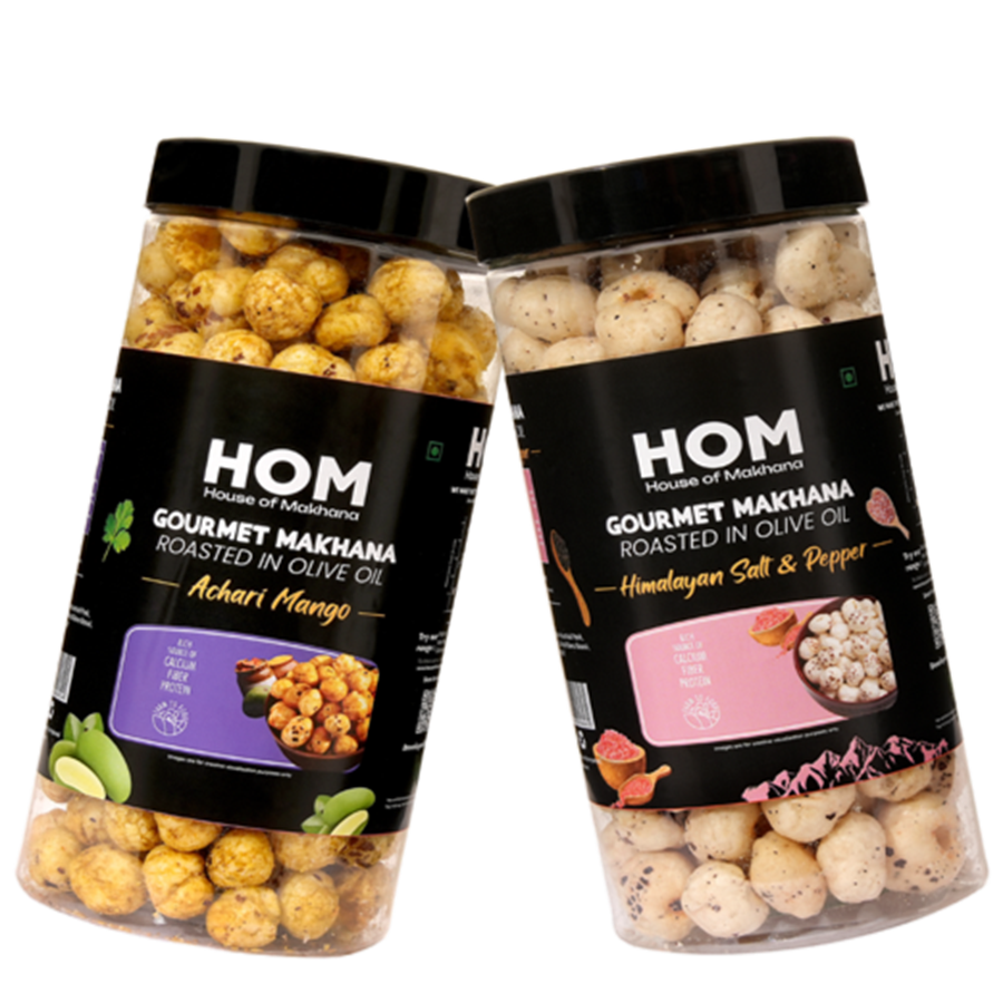 GOURMET MAKHANA Roasted in Olive Oil | Flavors Achari Mango & Himalayan Salt and Pepper | Combo Of 2, 65g Each. - 130 gm