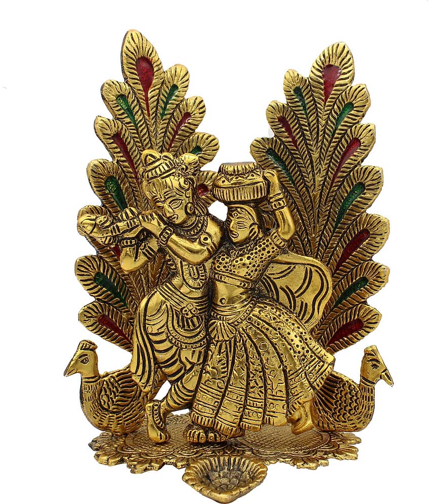 Fashion Bizz Radha Krishna Idol Statue With Diya Peacock Design Decorative Showpiece - 20 cm view 2