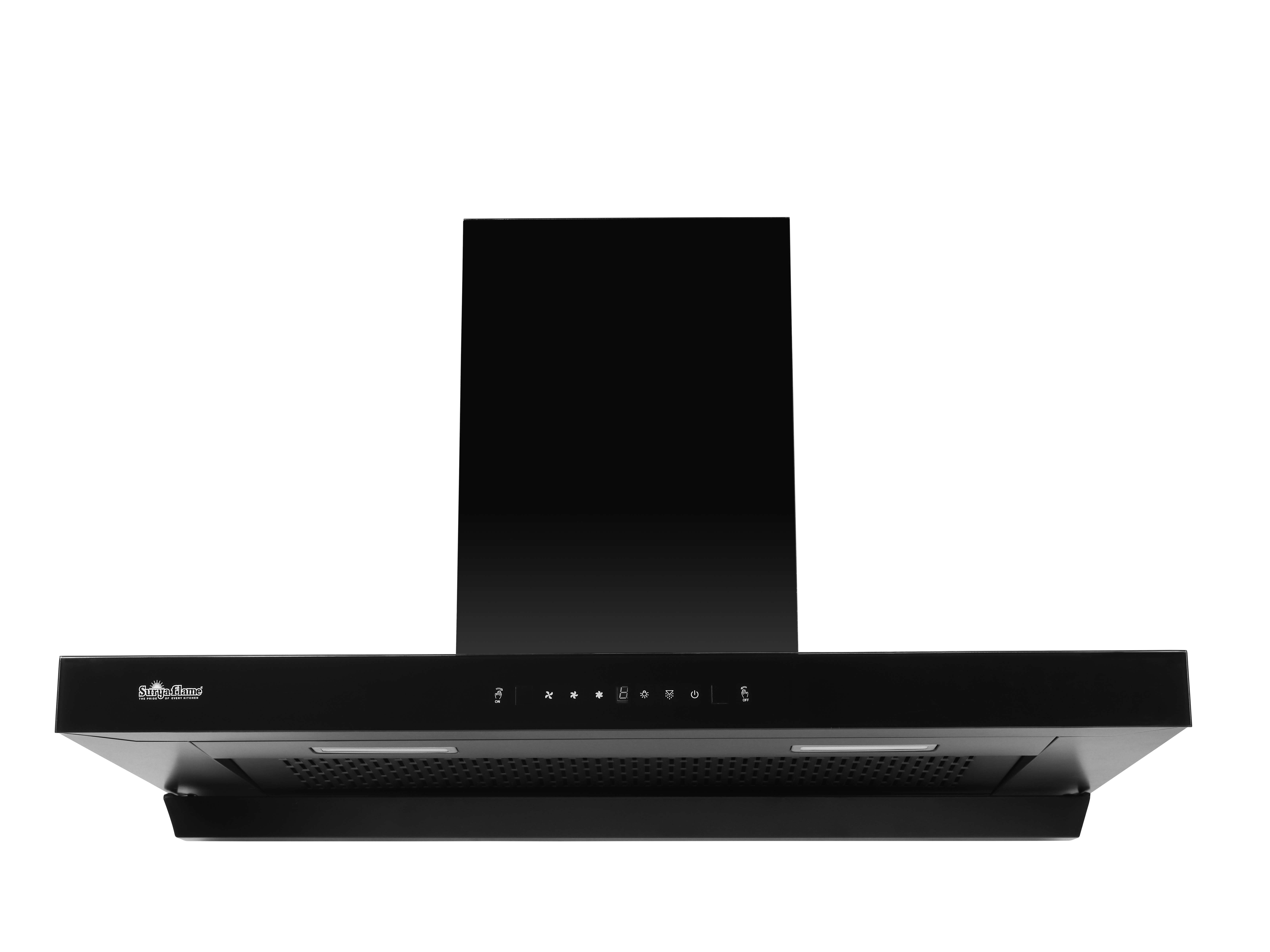Surya Flame Topaz 60cm 1200 m3/hr Top Glass Wall Mounted Kitchen Chimney, Filterless, Auto Clean, 2 Yrs Warranty Product 5 year warranty Motor, Touch & Gesture Control - Black 60cm