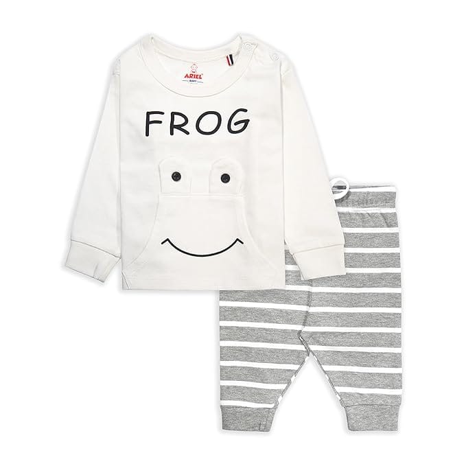 White and Grey Frog Graphic Tee and Pants Set for Babies