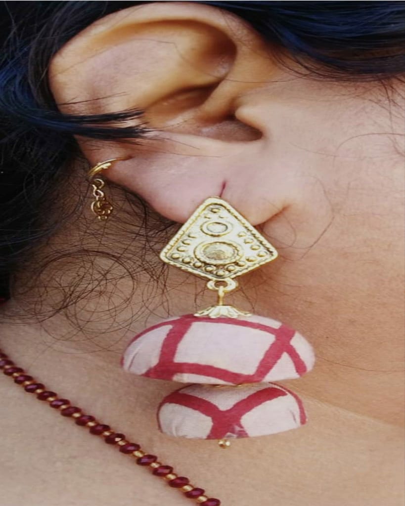 Cream Red Handcrafted Double Jhumka Earrings view 2