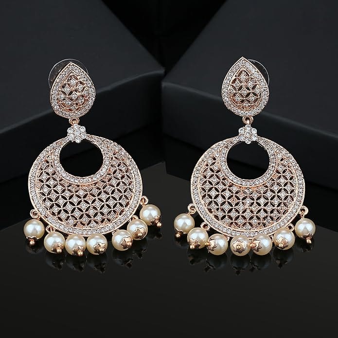 Stunning Cubic Zirconia and Pearl Drop Earrings in Rose Gold Plated