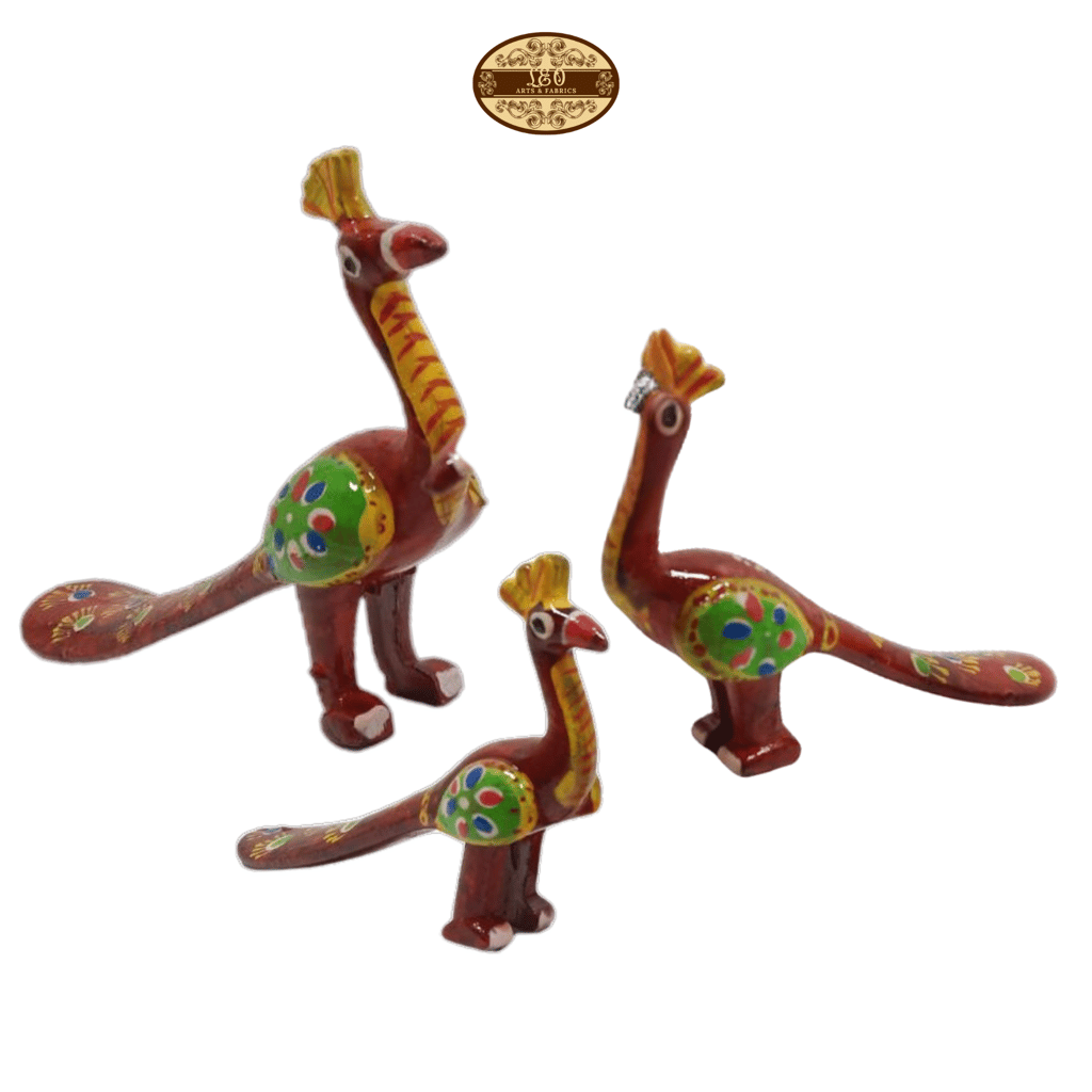 Handcrafted Paper Mache Peacock Family Figurines, Set of 3, Red view 2