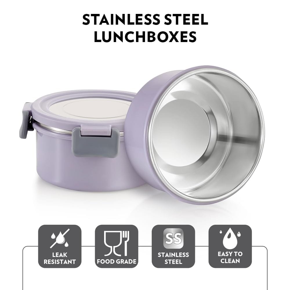 Borosil Glory Lavender Stainless Steel Lunchbox with Bag | 3 pcs Round Container Set (280ml Each) | Microwavable Tiffin with Food Grade Steel | Leakproof & Dishwasher Safe | 1 Year Warranty view 2