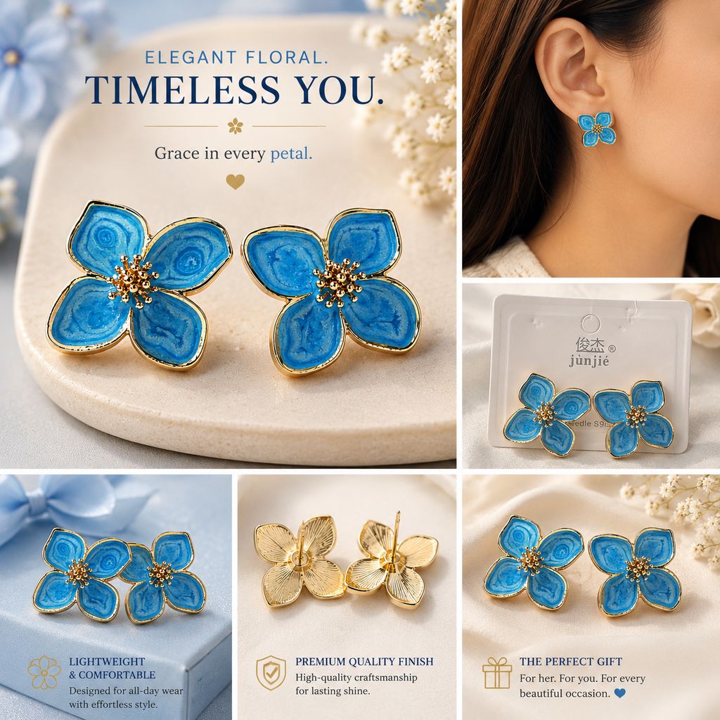 Elegantra 18K Gold-Plated Brass Blue Enamel Floral Stud Earrings for Women & Girls (Pack of 1 Pair) Anti-Tarnish Western Fashion Jewellery for Party, Casual & Office Wear view 2