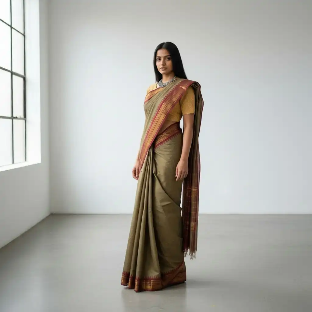 Handwoven Kanchipuram Cotton Saree in Khaki Brown with Temple Border view 2
