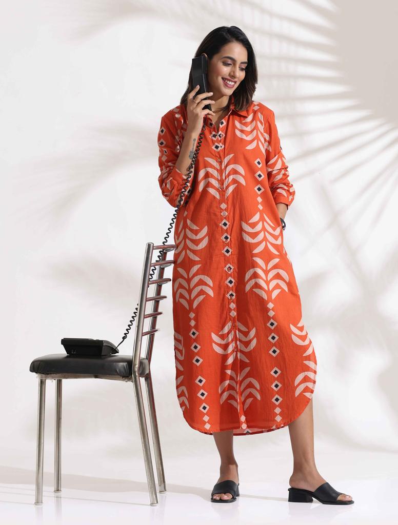 trueBrowns Orange Cotton Print Shirt Dress - Orange (M) view 2