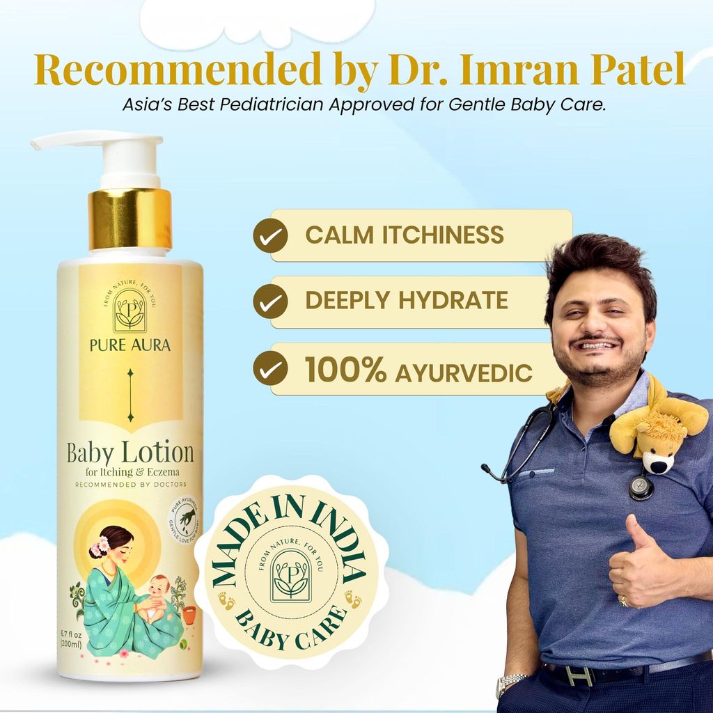 Pure Aura Baby Lotion for Itching & Eczema Relief 200ml | Ayurvedic, Chemical-Free Moisturizer for Dry & Sensitive Skin | Safe for Newborns Baby & Kids | Daily Use | Doctors Recommended | India view 2