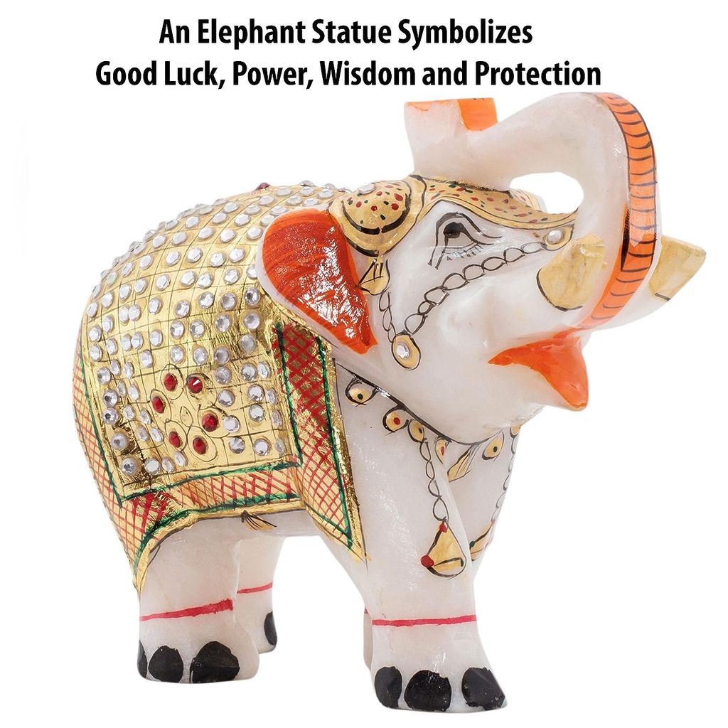 Srijan Enterprises - Marble Elephants Pair Set of 2 Showpieces Size 4 inch Elephant Statue Gift, Decor Item for Home Entrances, Living Room, Tabletop, Office Desk (4 * 5inch, 2, White-Gold) view 2