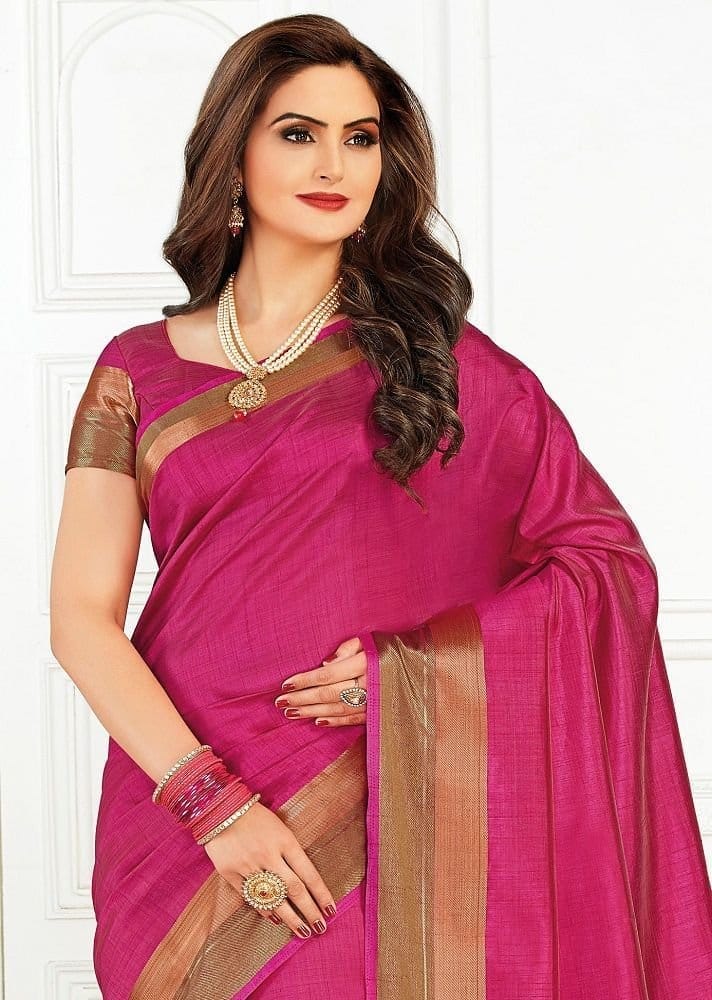 Woven Tussar Silk Saree in Fuchsia view 2