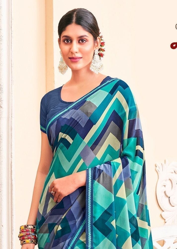Digital Printed Georgette Saree in Blue view 2