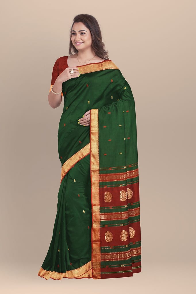 Forest Green Buta Buti Handwoven Sausar Silk with Zari Border Saree SKU- BS10013 view 2