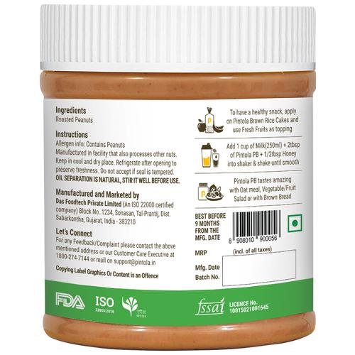 Pintola All Natural Peanut Butter - Unsweetened, Crunchy, 350 gm view 2