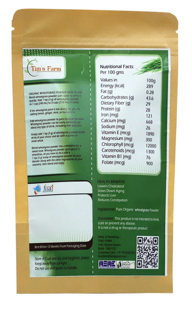 Tim's Farm Organic Wheatgrass Powder Natural Antioxidant Superfood Immunity Booster, Non-GMO, Vegan Skin Health 100 Gm view 2
