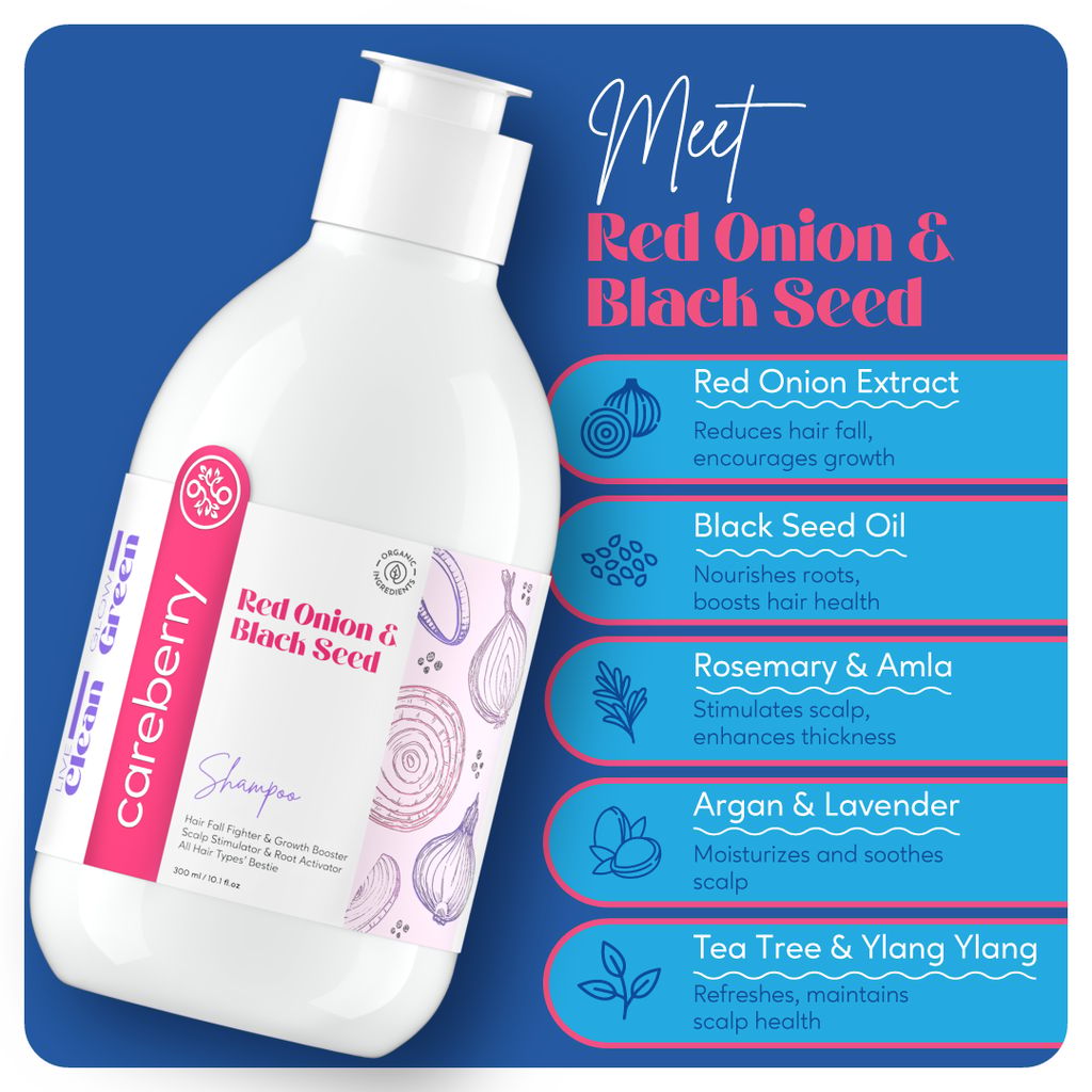 Careberry Red Onion & Black Seed Hair Care Duo | Shampoo & Oil Combo for Hair Growth | Sulfate & Paraben Free | For Men & Women | 300ml Shampoo + 200ml Oil view 2