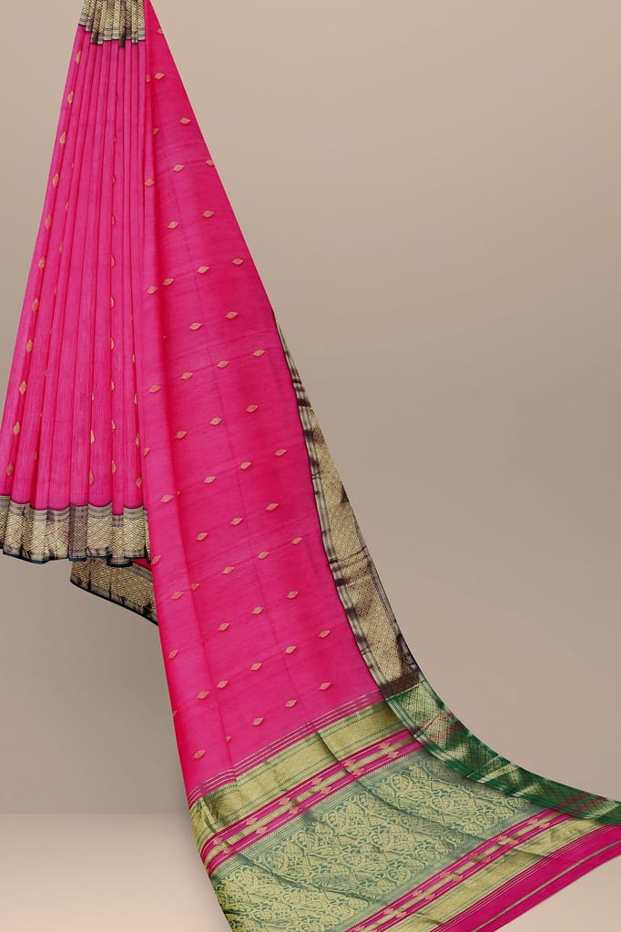 Rani Pink Buta Buti Handwoven Sausar Silk with Broad Green Zari Border Saree SKU -BS10017 view 2