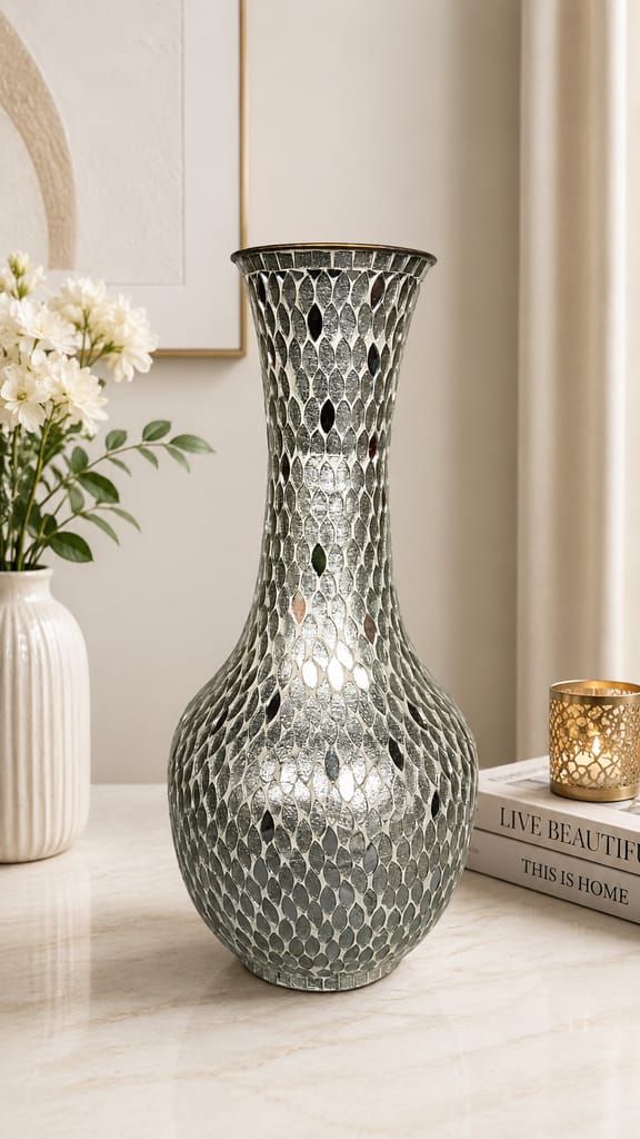 Luna Mosaic Silver Vase view 2