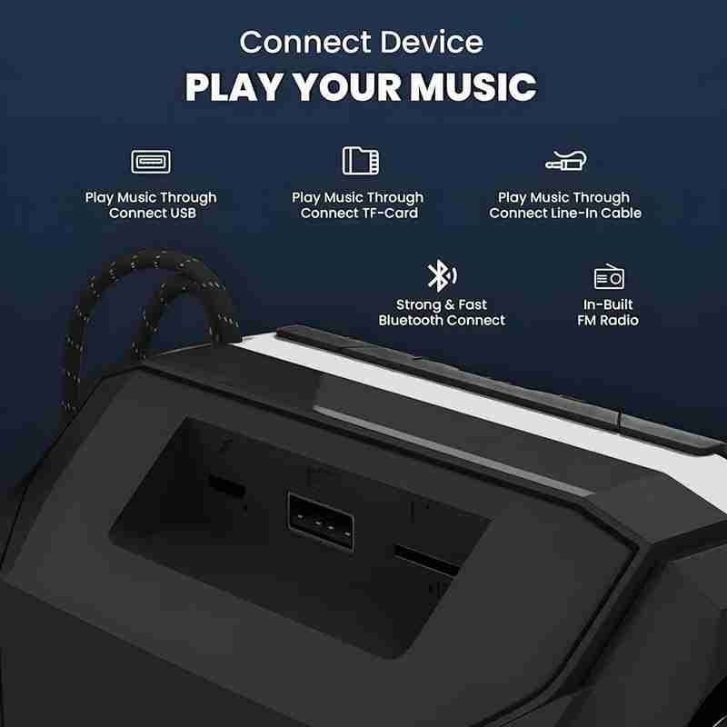 Wireless Bluetooth Speaker with Mic, FM Radio, AUX, USB, TF Support and 6Hrs Playtime - Hands-Free Calling and Rechargeable Battery Color - Black view 2
