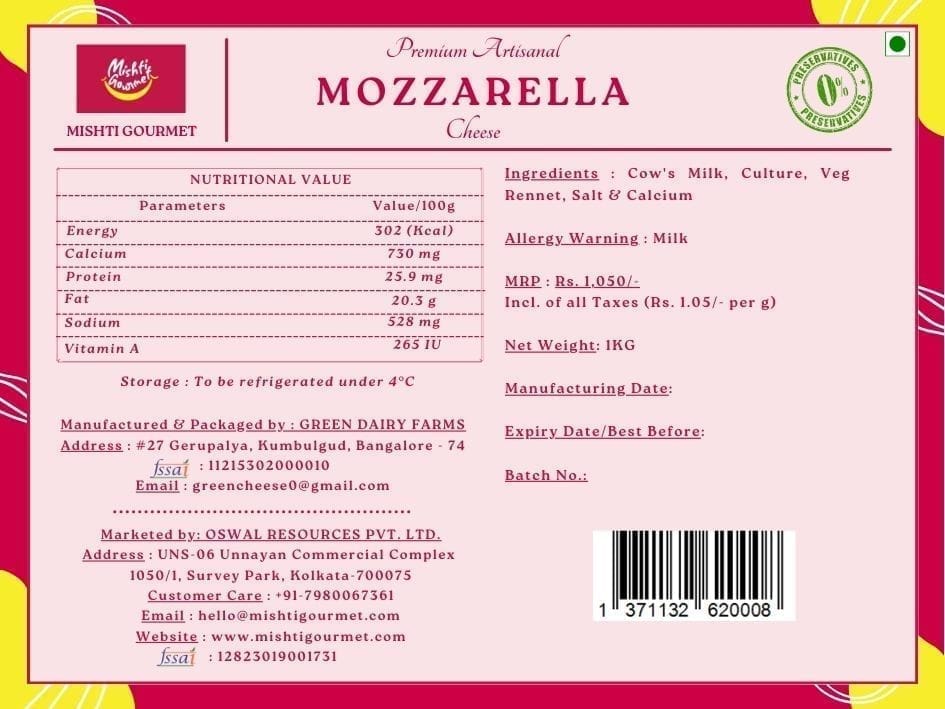 Mishti Gourmet Mozzarella Cheese 1kg view 2